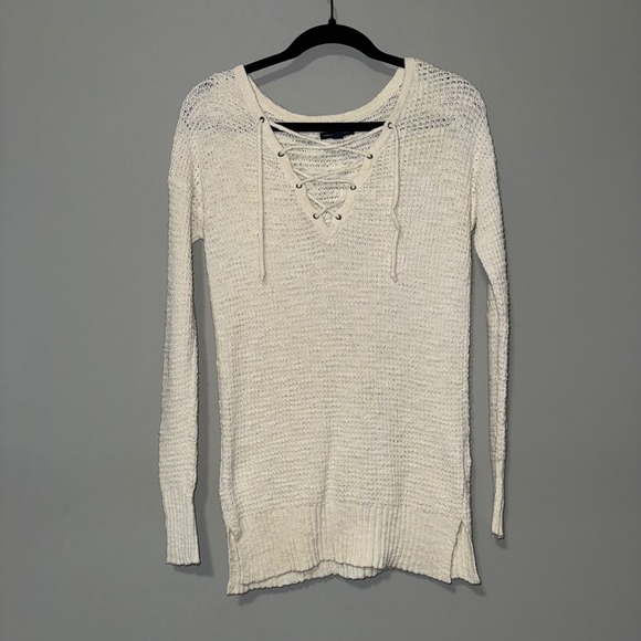 American Eagle Outfitters Sweaters - American Eagle Outfitters Cream Lace Up Textured Knit Sweater Women's Small